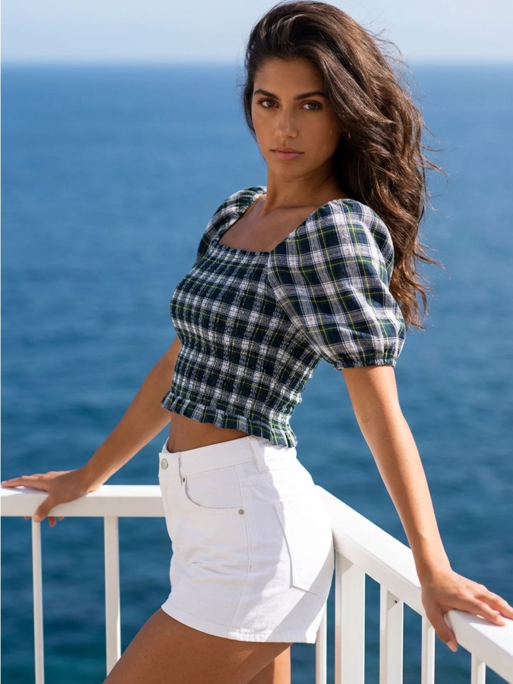 American Eagle Outfitters Green Plaid Square-Neck Puff Sleeve Crop Top